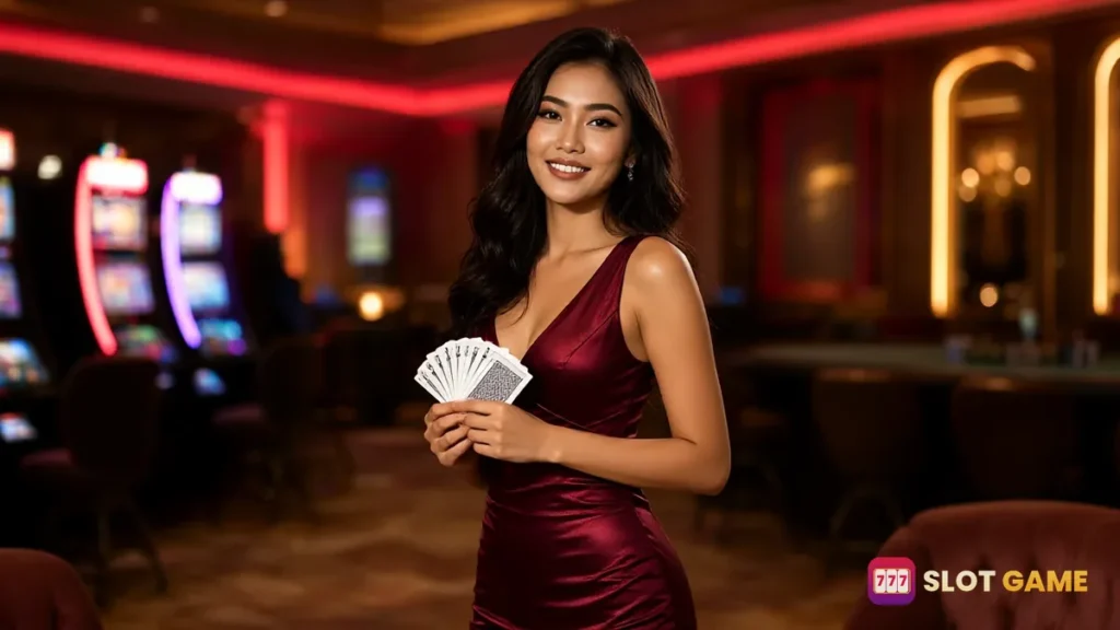 ဖုန်းတွင် Slot Game App ဖွင့်နေသော ကစားသမား